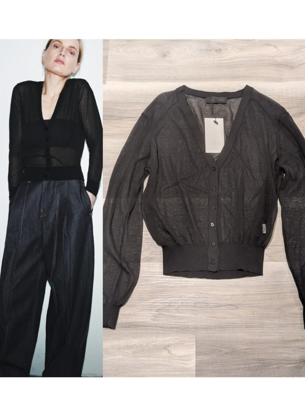 ZARA | Semi-Sheer Knit V-Neck Cardigan In Black